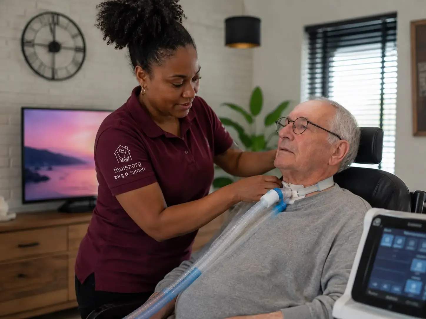 Zorgverlener van Zorg & Samen controleert de beademing van een cliënt in een rolstoel